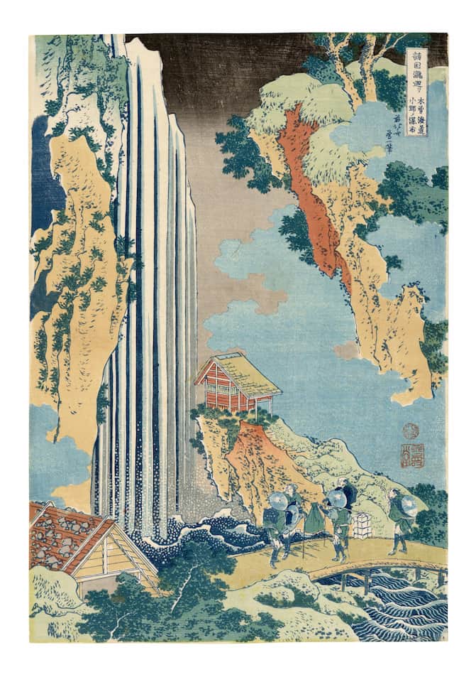 Hokusai - Wodospad Ono na drodze Kisokaido Analiza i interpretacja filozoficzna serii ośmiu wodospadów Katsushika Hokusai - japońska sztuka ukiyo-e i mono no aware w niej.