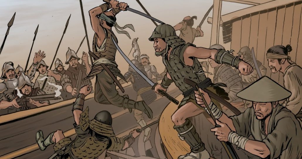 Rysunek bitwy piratów wakou z Portugalczykami, morze japońskie. Artykuł o japońskich piratach Wakou - zew wolności w czasach Japonii feudalnej.