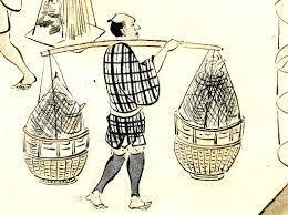 Rysunek sprzedawcy botefuri w Japonii Edo Esej o grupie społecznej Edo Japonii shogunatu Tokuwawów - botefuri - ulicznych sprzedawcach wędrownych