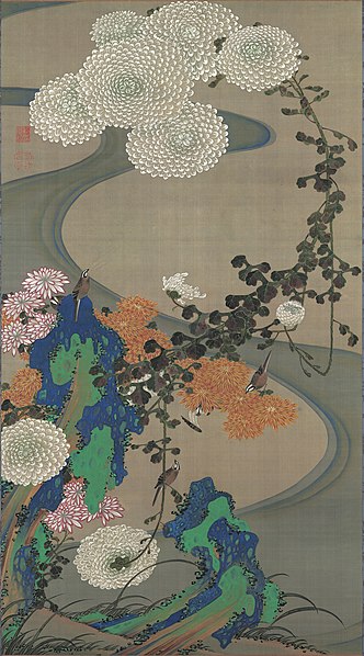 Chryzantemy autorstwa Jakuchu Ito, Japonia okresu Edo. Esej o twórczości japońskiego malarza, ekscentryka Edo - Itō Jakuchū, a także analiza jego obrazu "Wieloryb i słoń".