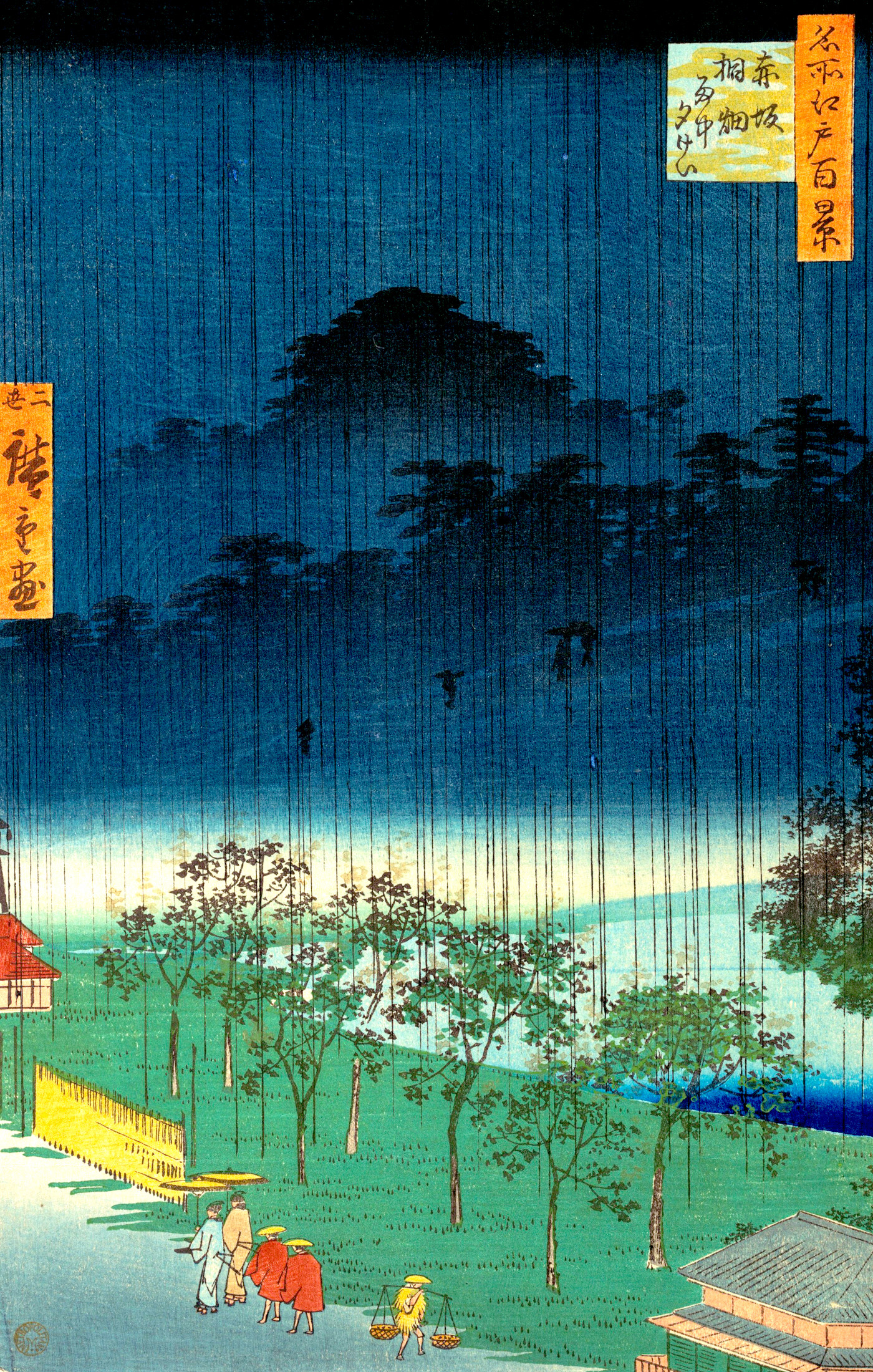 Utagawa Hiroshige II - ukiyo-e "Drzewa paulowni w Akasace wieczorem" Esej o motywie deszczu w japońskiej sztuce ukiyo-e - jak deszcze obrazował stany ducha w Edo, takie jak mono no aware?