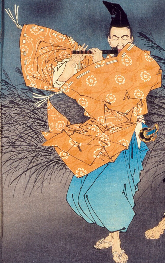 Fujiwara no Yosumasa - ukiyo-e Yoshitoshiego Interpretacja obrazu ukiyo-e Tsukioki Yoshitoshiego - "Fujiwara no Yasumasa gra na flecie w świetle księżyca".