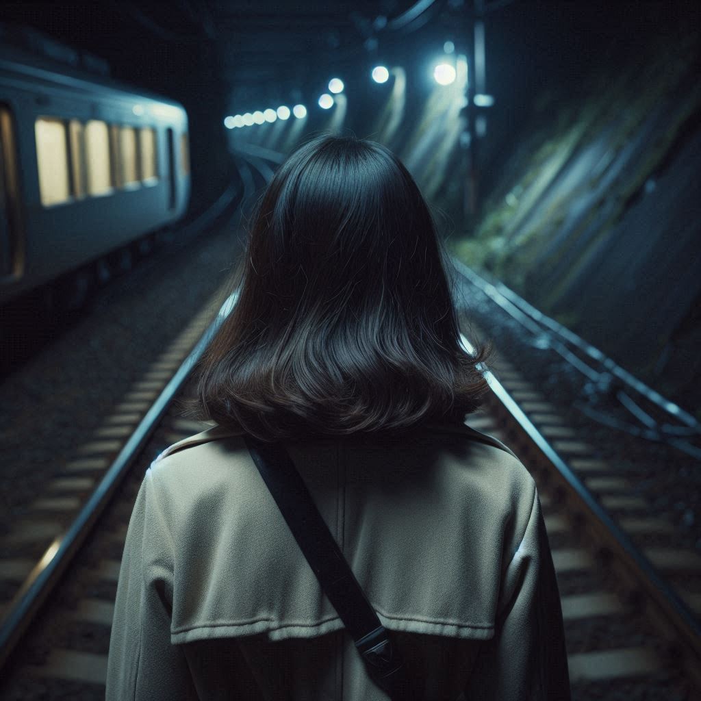 Hasumi idąca wzdłuż torów na Kisaragi Station Artykuł o micie urbanistycznym z Japonii - stacji japońskiego metra Kisaragi. Opuszczona, mroczna stacja Kisaragi, z odmętów 2channel, relacja Hasumi.