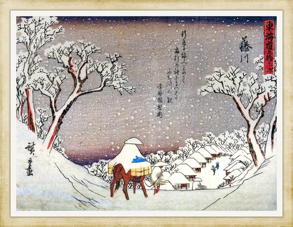 Jeździec na koniu, ukiyo-e Felieton o japońskiej poezji (waka, haiku) na temat zimy i zimowej introspekcji, odczuciom mono no aware, pustki zen.