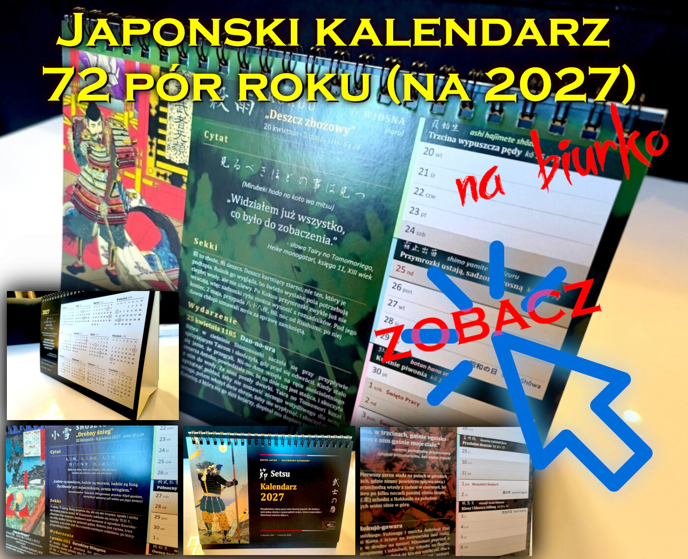 Japoński kalendarz na biurko (piramidka) z samurajskimi cytatami - 72 pory roku Kalendarz na biurko od ukiyo-japan.pl: wydarzenia i cytaty samurajskie, drzeworyty musha-e, 72 pory roku ko
