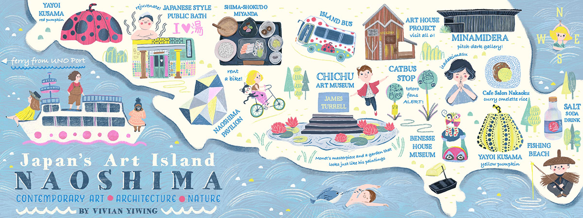 Mapka dla zwiedzających Benesse Museum na japońskiej wyspie sztuki Naoshima. Artykuł o japońskiej wyspie sztuki Naoshima, na której można podziwiać japońską sztukę współczesną, Yayoi Kusama, Tadao Ando i innych. Muzeum Benesse Corporation na Naoshimie.