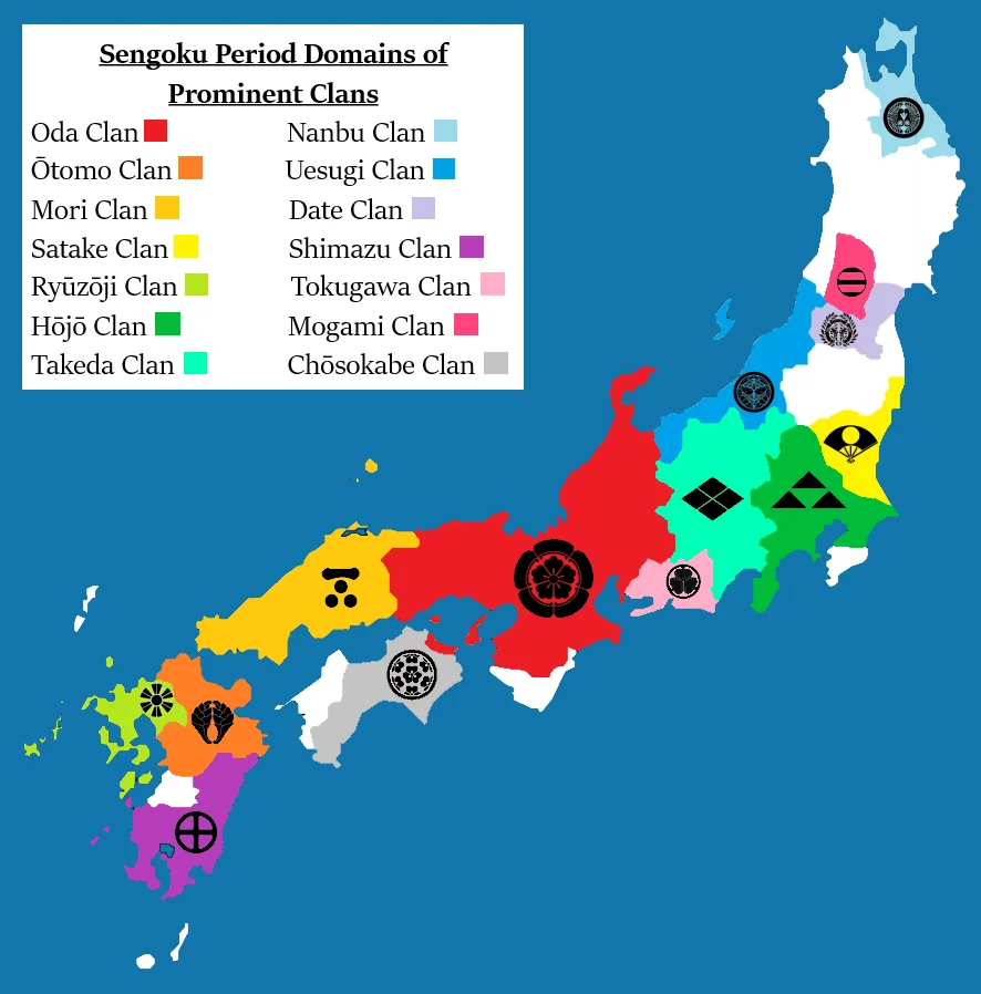 Mapa Japonii końca Sengoku - góówne rody samurajskie, daimyo Esej o Japonii Edo - Jak Tokugawa Ieyasu ujarzmił samurajów i zaprowadził pokój w wojennej Japonii?