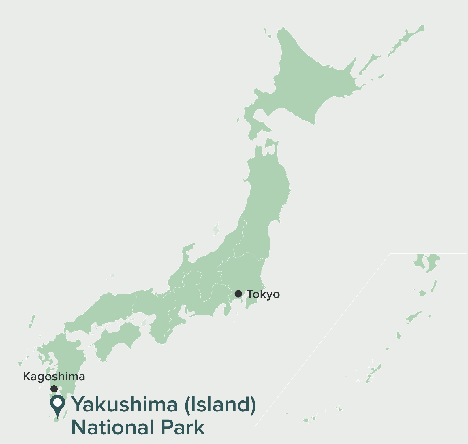 Mapa Japonii z zaznaczoną wyspą Yakushima. Artykuł o japońskiej wyspie Yakushima, gdzie odnajdziemy pradawną naturę Japonii, inspirację anime "Księżniczka Mononoke" (Mononoke Hime( Hayao Miyazakiego.
