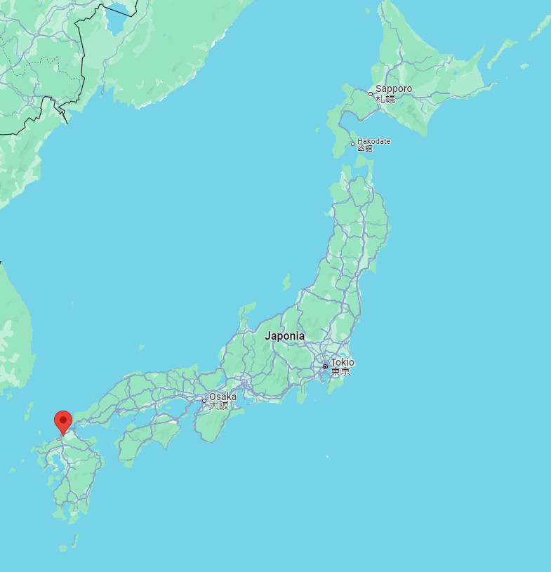Mapa Japonii z zaznaczonym tunelem Inunaki w Fukuoce. Inunaki - mroczny tunel i zapomniana wioska - japońskie legendy miejskie i creepy pasta.