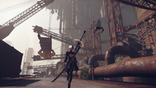 Android 2B w opuszczonej fabryce w japońskiej grze video "NieR: Automata" Artykuł rozważający filozoficzne implikacje japońskiej gry video NieR: Automata - nihilizm, egzystencjalizm, nietascheanizm - jakie pytania i jakie odpowiedzi daje NieR Automata?