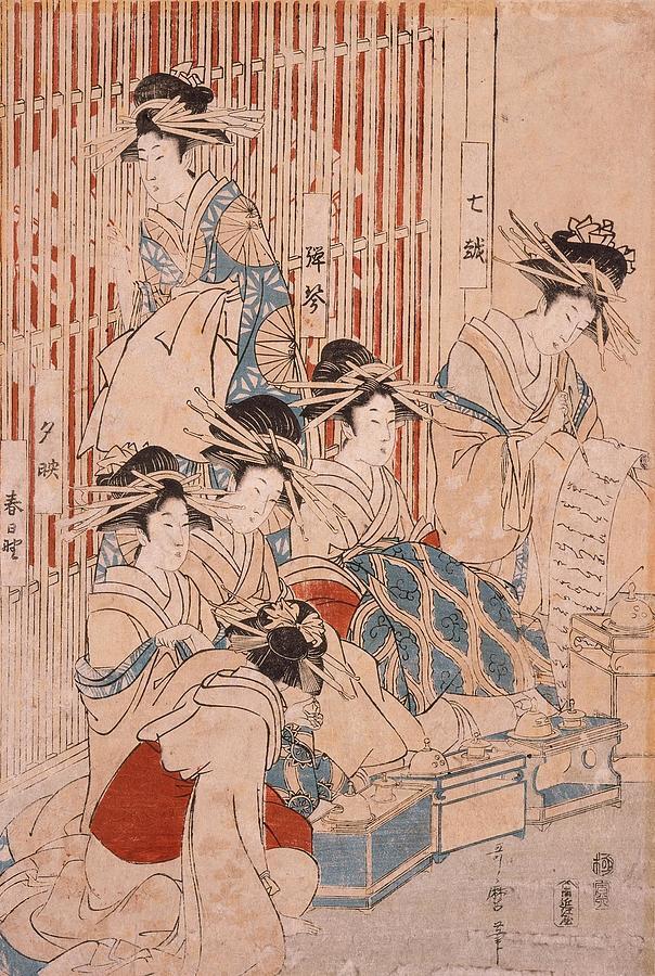 Kurtyzany w domu publicznym - ukiyo-e japońskie Artykuł o losie kobiet w Yoshiwarze i ich upamiętnieniu w Jokanji - świątyni wyrzuconych, Tokyo, Arakawa.