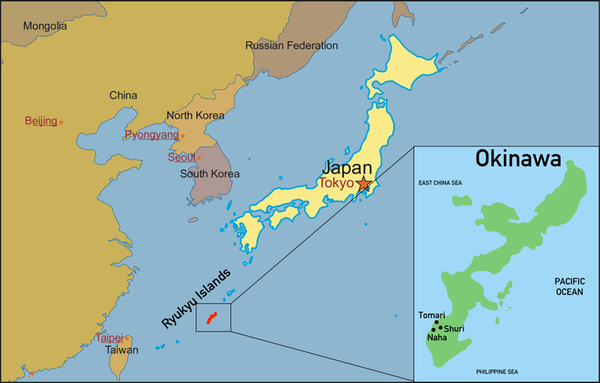 Map of Japan with zommed in Okinawa Ikigai - Japan's philosophy - map of Okinawa