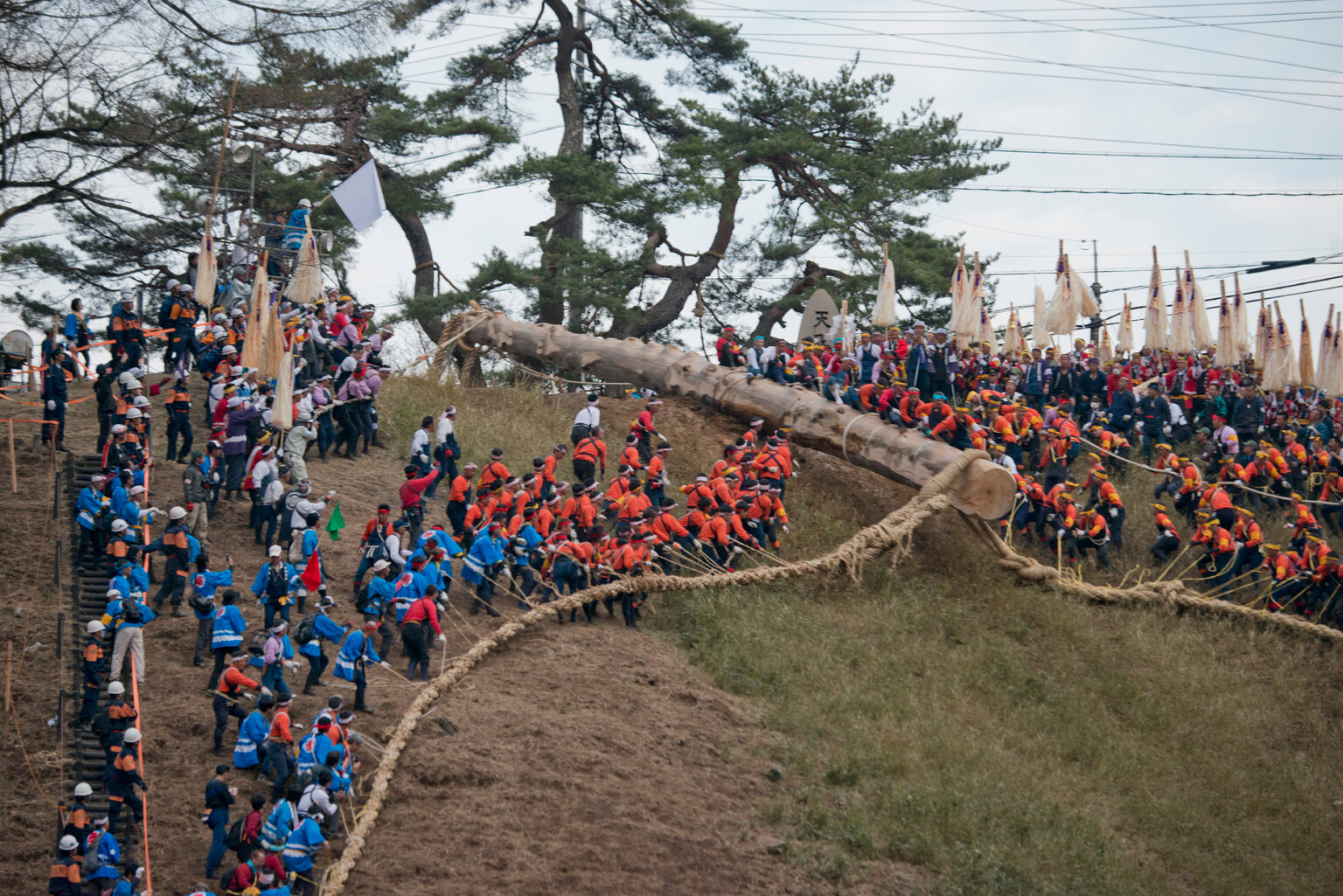 Zjazd na pniu, Onbashira, Japonia, Nagano Japoński festiwal Onbashira matsuri - ryzykując życiem i zdrowiem w festiwalu dziekiej odwagi i brawury w Suwa, Nagano.