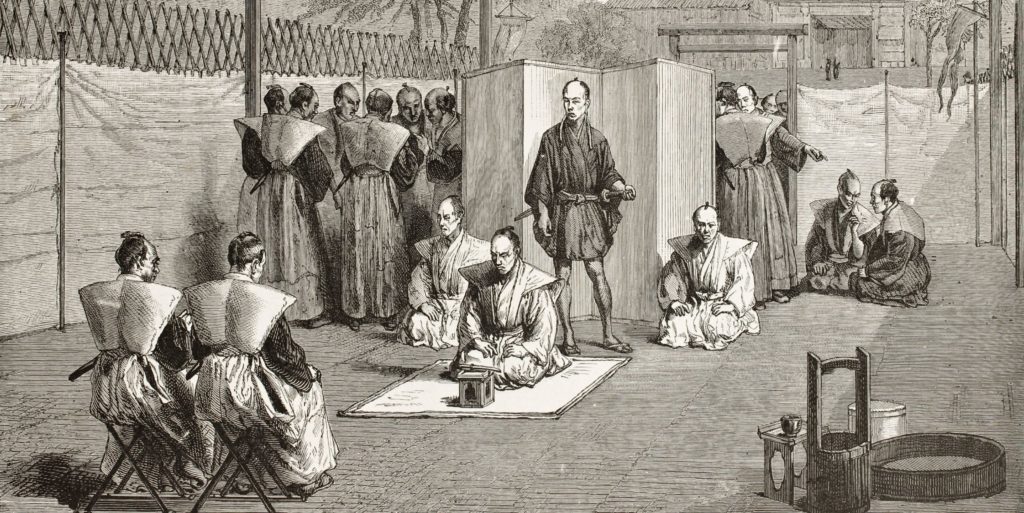 Obraz publicznego seppuku w Japonii. Japońska poezja jisei no ku - gdy samuraj popełnia seppuku - ostatnie słowa przed śmiercią.