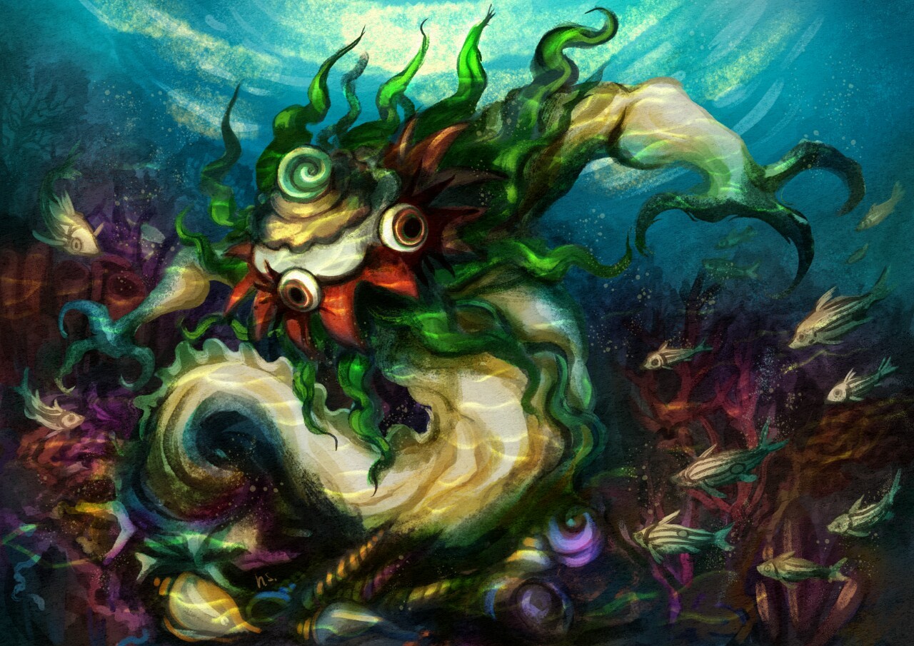 Sazae-oni - kobiety-ślimaki morsklie - zdradliwy japoński youkai. Artykuł o 10 najdziwniejszych demonach youkai z japońskiego folkloru. Shintoistyczna mitologia i legendy Japonii.