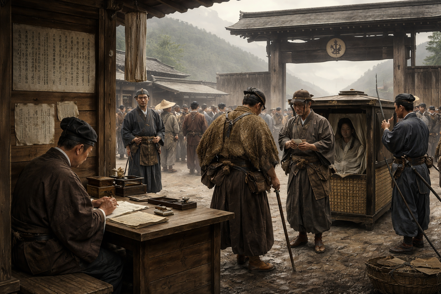 Dzień na stacji kontrolnej sekisho. Jak shōgunat rządził procedurą, nie mieczem Sekisho w Hakone: strażnicy, pieczęcie i przepustki, rewizje bagażu oraz reguła „入り鉄砲に出女”. Jak shōgunat Tokugawów kontrolował ruch ludzi, broń i „wyjeżdżające kobiety”.