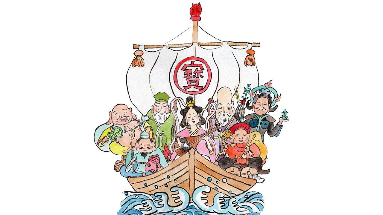 Takarabune - statek japońskich bogós shichifukujin Shichifukujin - 7 kami szczęścia w tradycji japońskiej - o fuzji kulturowej, religijnej i symbolach szczęścia i zabawy w Japonii Edo