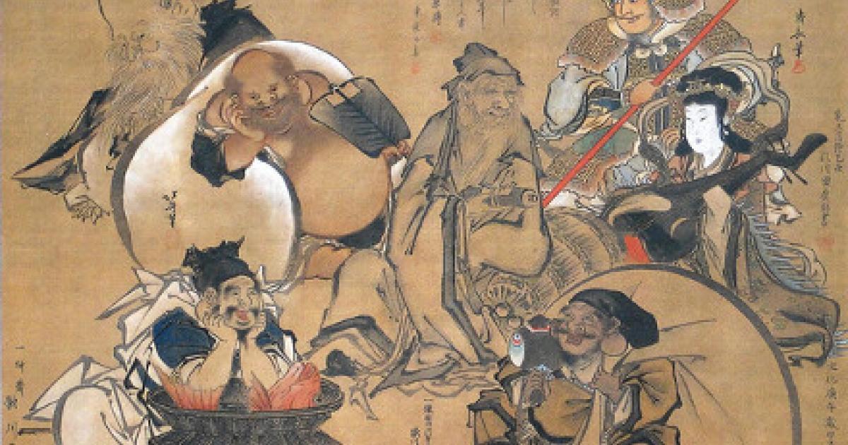 Shichifukujin - japoński obraz Shichifukujin - 7 kami szczęścia w tradycji japońskiej - o fuzji kulturowej, religijnej i symbolach szczęścia i zabawy w Japonii Edo