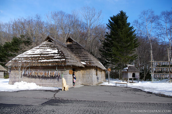 "Uliczka" we wiosce Shiraoi, skansenie Ainu Artykuł o ajnuskiej wiosce Shiraoi na Hokkaido - jak żyli Ainu 500 lat temu - spacer przez ajnuską wioskę.