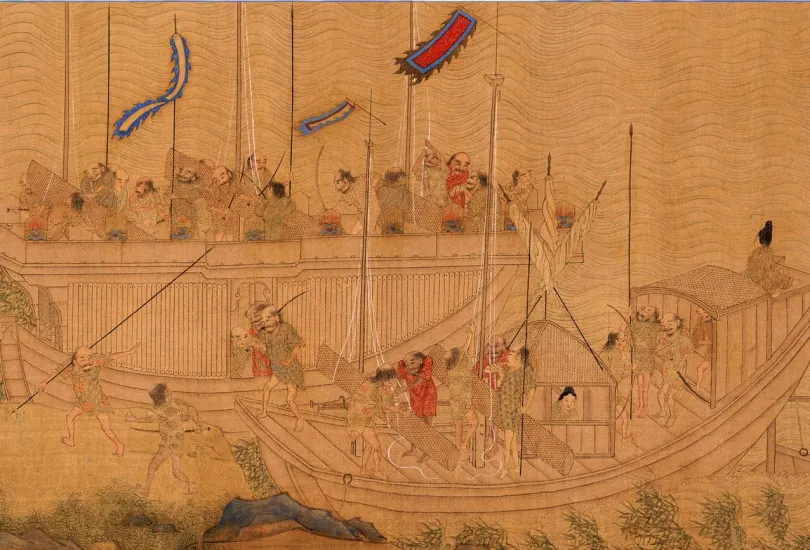 Japońska rycina - statek piracki kaizoku Murakami. Artykuł o japońskich piratach kaizoku z rodu Murakami - samuraje i piractwo w Japonii sengoku