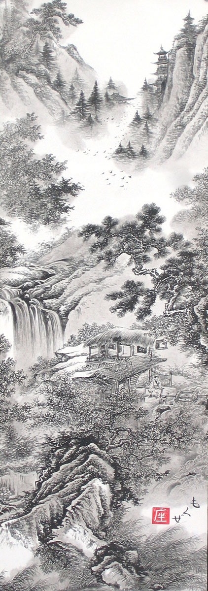 Pioniowy obraz - scroll w stylu japońskiego sumi-e. Sumi-e - japońska sztuka malowania tuszem - filozofia zen i taoizm na papierze