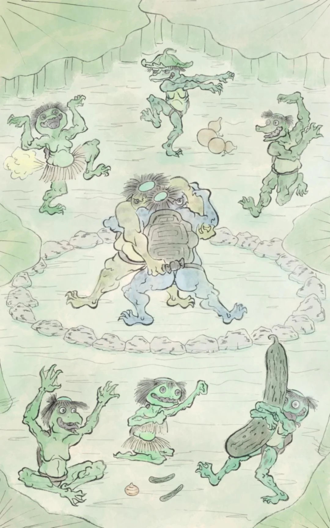 Kappa - rysunek z Edo, trening sumo Esej o najpopularniejszym demonie yokai z japońskiej mitologii i folkloru - Kappa.