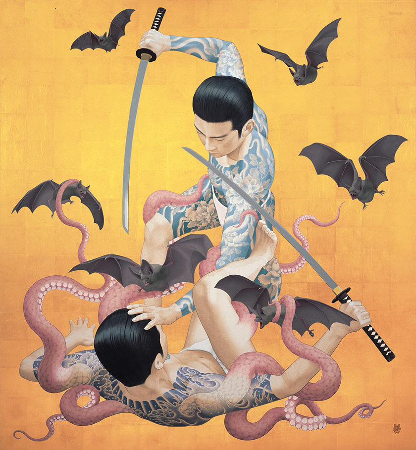 Walczący samuraje / yakuza - Tenmyouya Hisashi Analiza i interpretacja twórczości malarza-artysty Tenyouya Hishashiego. Współczesna sztuka japońska z aelementami samurajskiego stylu basara.