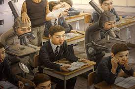 Szkołą według japońskiego surrealisty, Tetsuya ishida. Tetsuya Ishida - japoński malarz współczesnego surrealizmu. Sztuka Japonii.