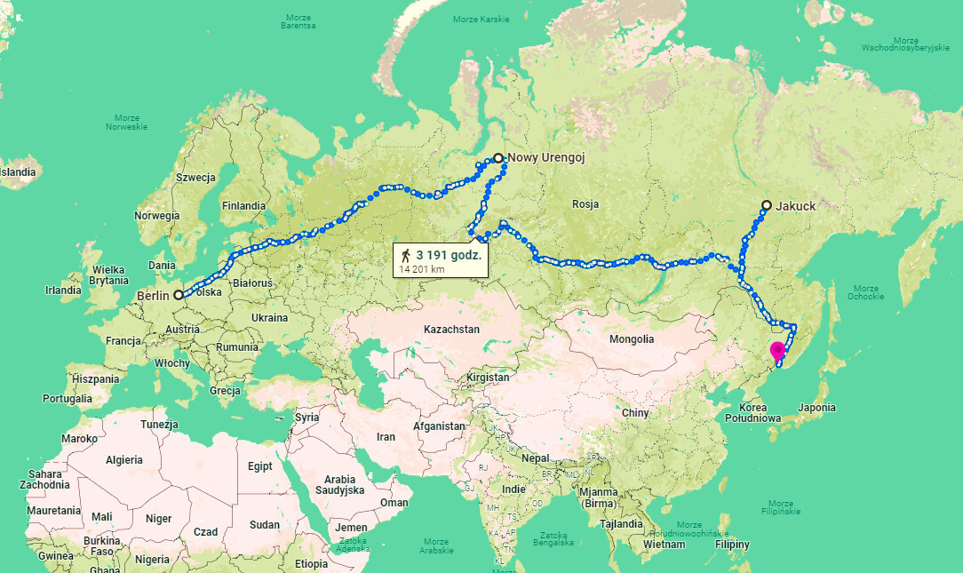 Trasa (przybliżona) Yasumasy Fukushimy, na google maps. Artykuł o pierwszym Japończyku w Polsce - Fukushima Yasumasa i słynny wiersz Porando Keiko ("Wspomnienie polski").