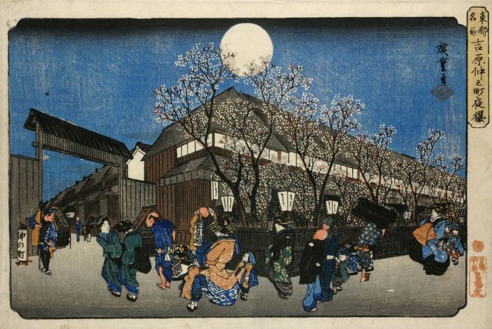 Yoshiwara nocą na ukiyo-e, Japonia Artykuł o losie kobiet w Yoshiwarze i ich upamiętnieniu w Jokanji - świątyni wyrzuconych, Tokyo, Arakawa.