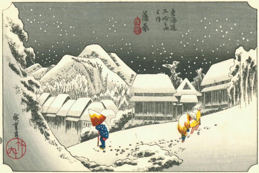 Śnieg we wiosce Kanbara - Hiroshige, ukiyo-e 10 nazw śniegu w języku japońskim - jak poezja, filozofia mono no aware i spokojna refleksja spotyka się w pojęciu śniegu - kultura japońska.