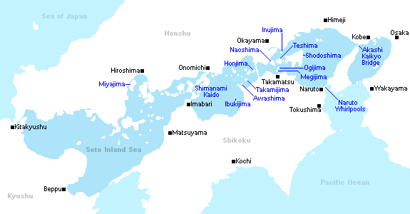Mapa Japonii - Morze Wewnętrzne Seto - domena kaizoku Murakami. Artykuł o japońskich piratach kaizoku z rodu Murakami - samuraje i piractwo w Japonii sengoku