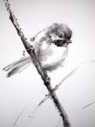 Wróbel w stylu sumi-e Święto równonocy wiosennej po japońsku - shunbun no hi 21 marca.