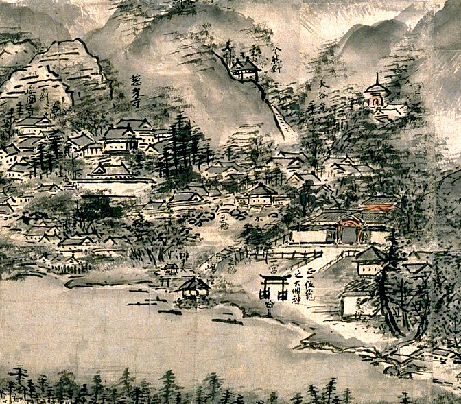 Sumi-e Amano Hashidate autorstwa Sesshu Toyo - wycinek z miasteczkiem Analiza i interpretacja obrazu Amano Hashidate - japońskie sumi-e autorstwa Sesshu Toyo - zen w Niebiańskim Moście z XVI wieku.