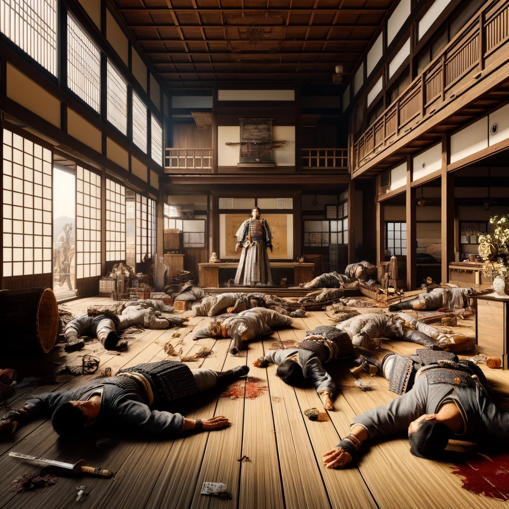 W incydencie Ikedaya 30 samurajów wymordowało lub pojmało 20 roninów. Kyoto, Japonia. Artykuł o incydencie Ikedaya - bitwie między samurajami z Shinsengumi a roninami buntownikami w barze Ikedaya w Kyoto. Historia Japonii z okresie Gakumatsu (między Edo a Meiji).