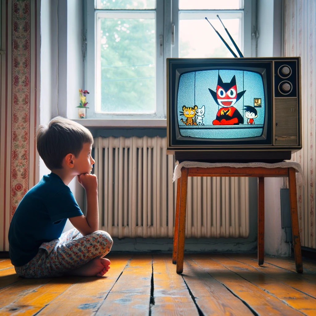 Polish 90s - children in front of TV watching Polonia 1 emitting Tiger Mask. Article about Japanese manga and anime: Tiger Mask. Its history and special place in Poland's 90s, when it was emitted on channel Polonia 1.
