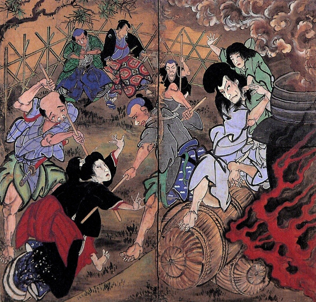 Japońska rycina z historią o Goemonie Ishikawie. Artykuł o Goemonie Ishikawie, japońskim Robin Hoodzie żyjącym w XVI-wiecznej Japonii. Życie, smierć oraz spuścizna w kinomatografii, japońskiej mandze i anime japońskiego Robin Hooda Goemona Ishikawy.