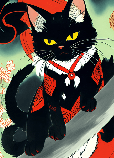 Drawing of a bakeneko - evil demon cat from Japanese mythology. Essay on dark cat demons (youkais) from Japanese mythology and shintoistic beliefs - Bakeneko. Bakeneko in culture and histpory of Japan, its role in Japanese manga, anime and games.