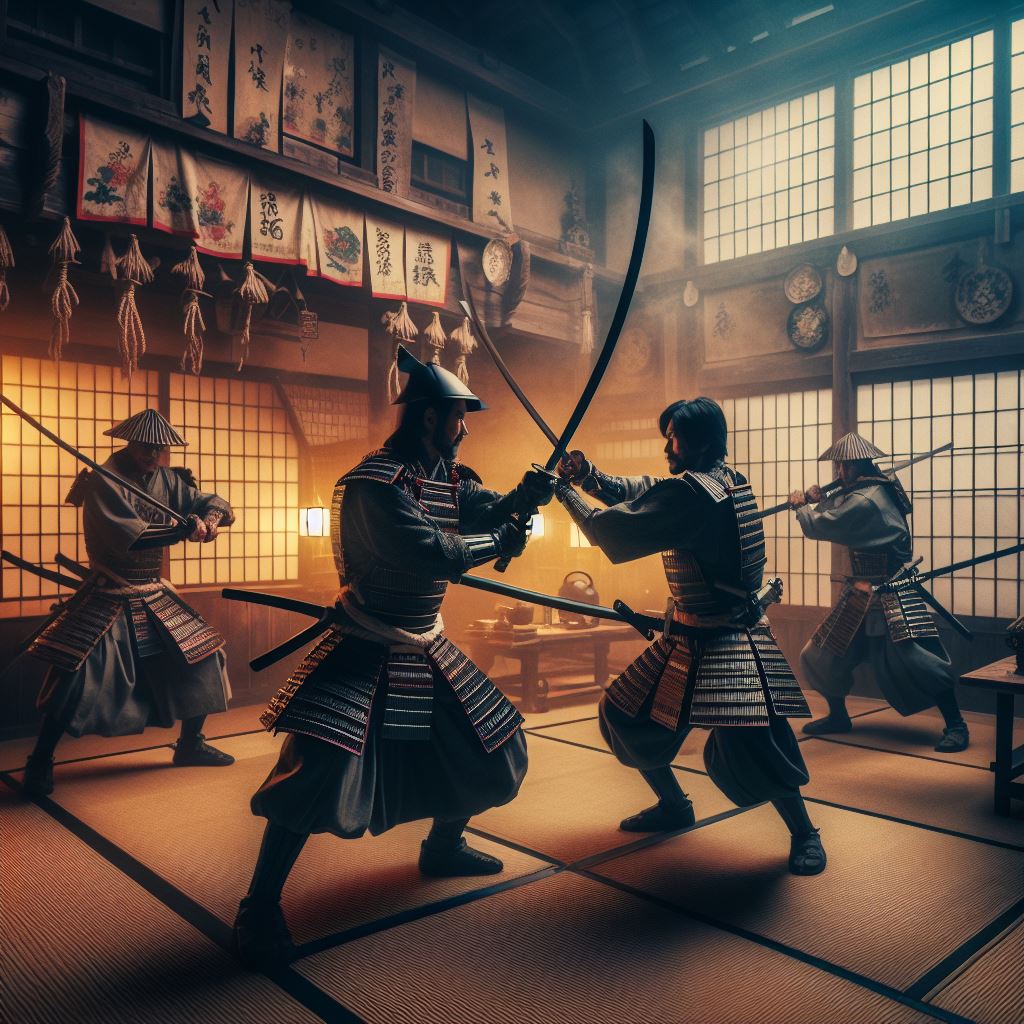 Shinsengumi fighting against ronins at Ikedaya Inn, Kyoto, Japan. Article about a famouse samurai fight incident at the Ikedaya inn in Japan's history of late Edo period (the Bakumatsu) and the role of Shinsengumi.