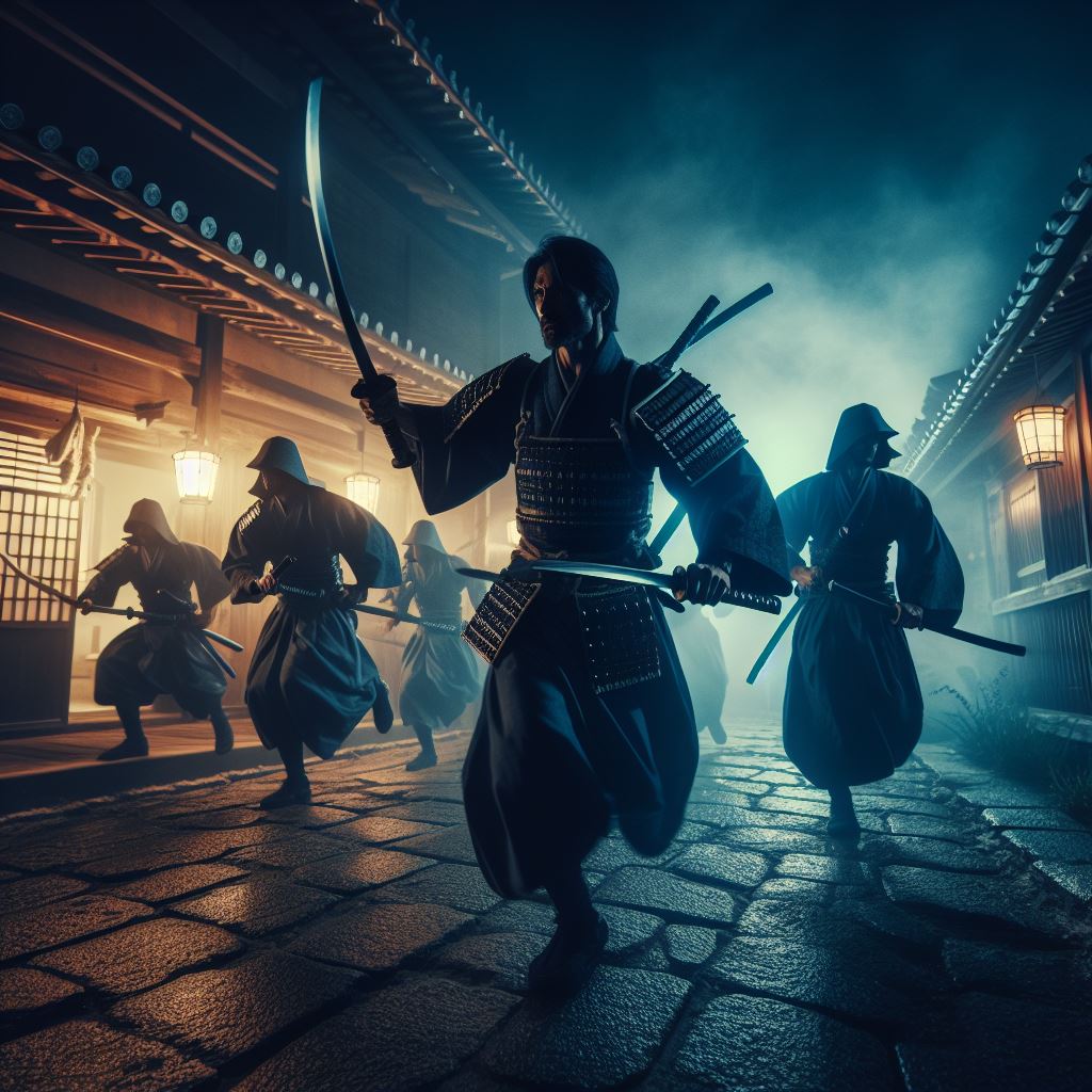 Samurais attacking ronins at Ikedaya Inn, Kyoto, Japan. Article about a famouse samurai fight incident at the Ikedaya inn in Japan's history of late Edo period (the Bakumatsu) and the role of Shinsengumi.