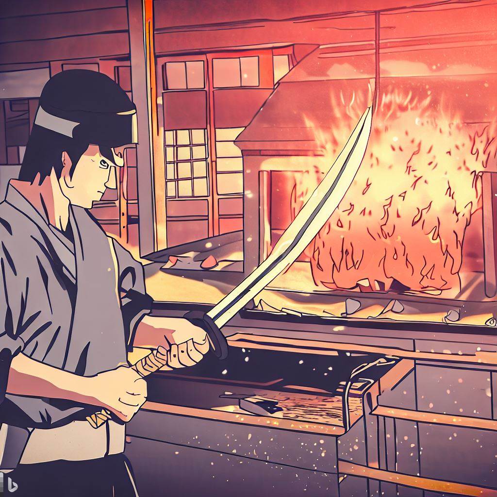 Japanese traditional blacksmith making katana for a samurai Drawing of a Japanese blacksmith