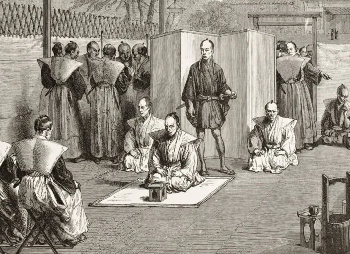 Drawing - seppuku in Edo period, Japan. Essay about Japanese samurai tradition of ceremonial suicide - seppuku (harakiri) - history of Japan's samurai.