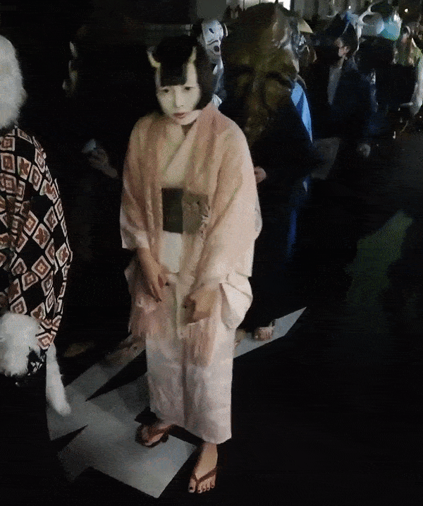 Cosplaying festival matsuri of hyakki yagyo - with youkai, oni, tengu masks. Essay about Hyakki Yagyo - Japanese mythological event of a Hundred Demons Parade, when youkais, tengu, oni and other demons walk the streets. Japanese mythology in culture, manga and anime.