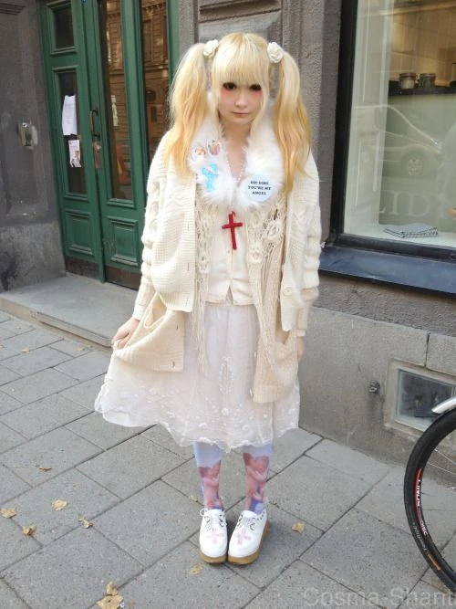 Cult party kei white is one of the Harajuku fashion styles, Tokyo, Japan. Article about modern Japn, Tokyo - fashion styles of Harajuku, such as Gyaru, Kawaii, Visual Key, Lolita, Gurokawa and others.