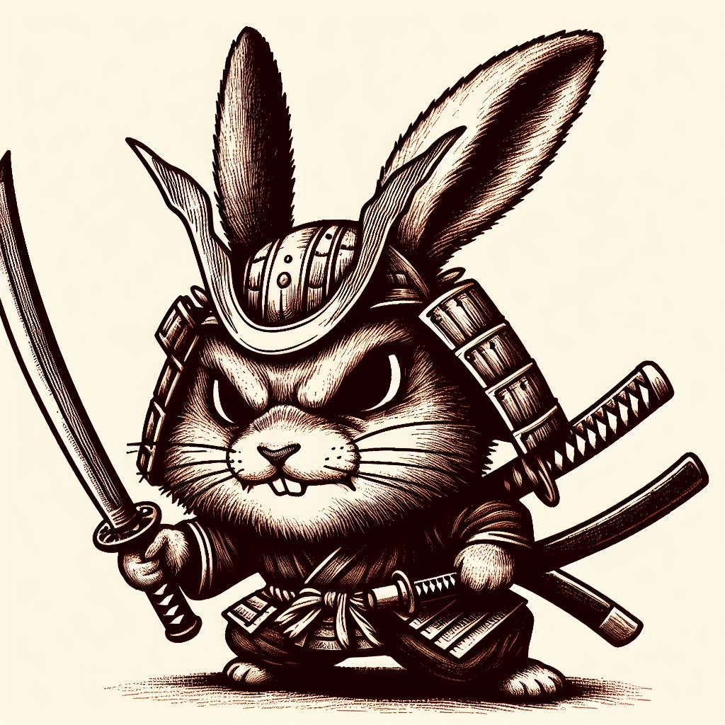 Samurai hare - kawaii version of a hare in Japanese legends and folklore. Essay about the har (rabbit/bunny) symbol and troppe in Japanese culture and history, legends and mythology of Japan in opposition to Easter tradition of Europe. Hare in Japanese folklore, anime, manga, video games.