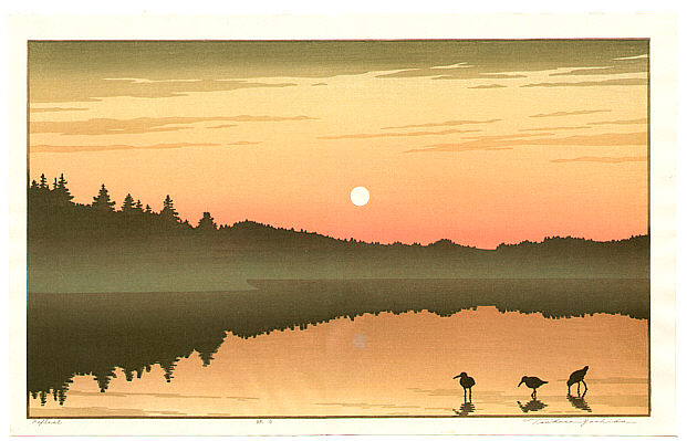 Japanese ukiyo-e - sun set - topic liked by Sei Shonagon. Essay about Sei Shonagon, a Japanese female poet from Heian period, author of the Makura no Soshi - how to learn mono no aware and wabi sabi from her. Japanese literature and history.