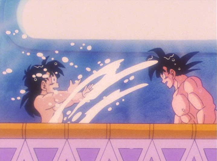 Goku i Gohan w onsen, Dragon Ball, japońskie anime. Esej o japońskich źródłach termalnych onsen. Jaka była historia onsen w klulturze Japonii, jakie są współczesne popularne onsen (Beppu, Dogo Onsen, Hakone Onsen itp). Występowanie onsen w anime, jak Spirited Away, Love Hina, Yu yu Hakosho, Dragon Ball, Onsen Yousei Hakone-chan, Totoro.