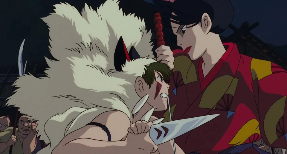 San trying to kill Lady Eboshi from Irontown, "Princess Mononoke" by Hayao Miyazaki, Studio Ghibli - japanese anime. Article / essay about Japanese anime Mononoke Hime ("Princess Mononoke") by Hayao Miyazaki in Studio Ghibli. What is the meaning of San (Mononoke) and what values does this character convey?