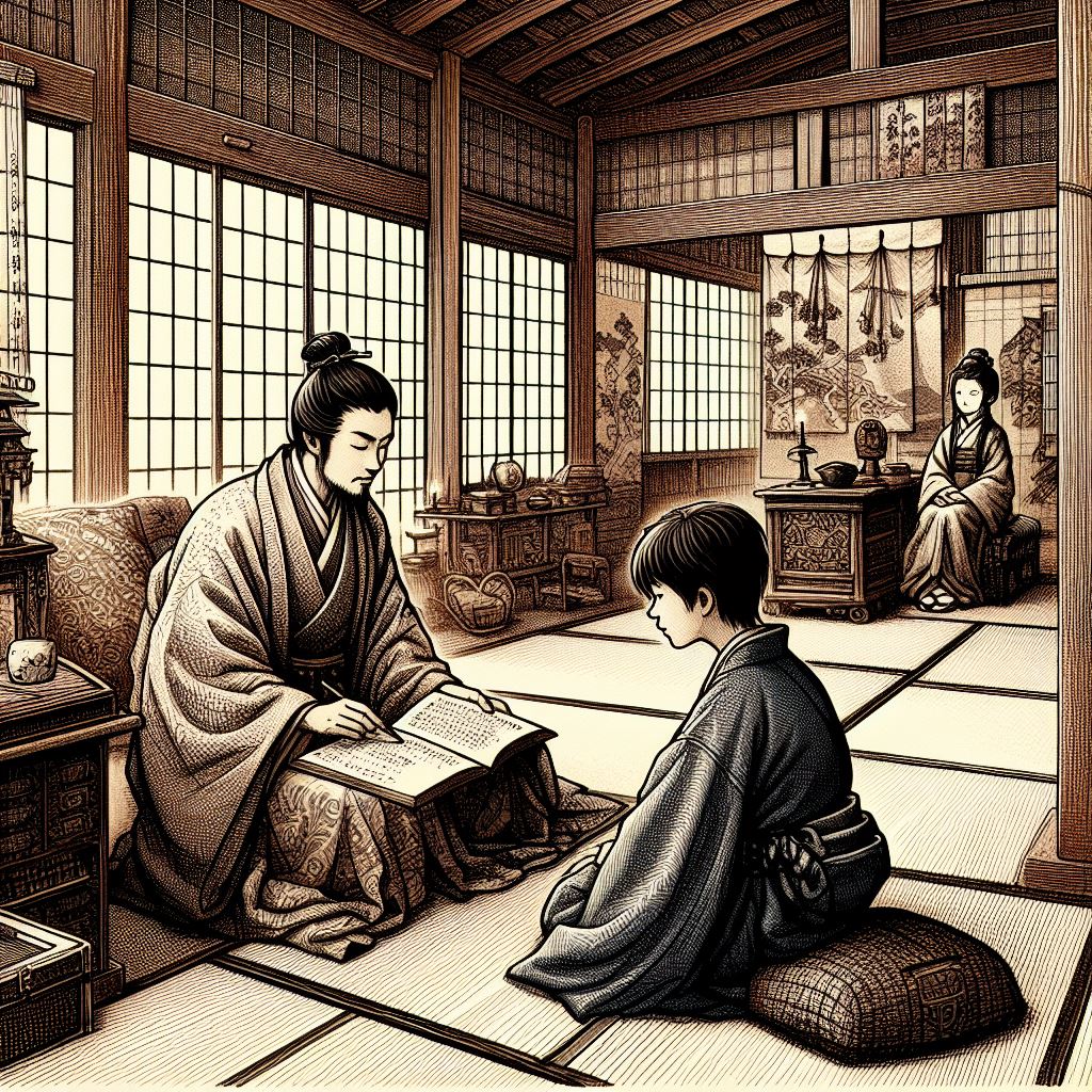Murasaki Shikibu's brother receiving education. Heian Japan. Essay about Murasaki Shikibu - female author of the first novel in the world, from ancient Japan in Heian jidai. Women in Japanese literature.