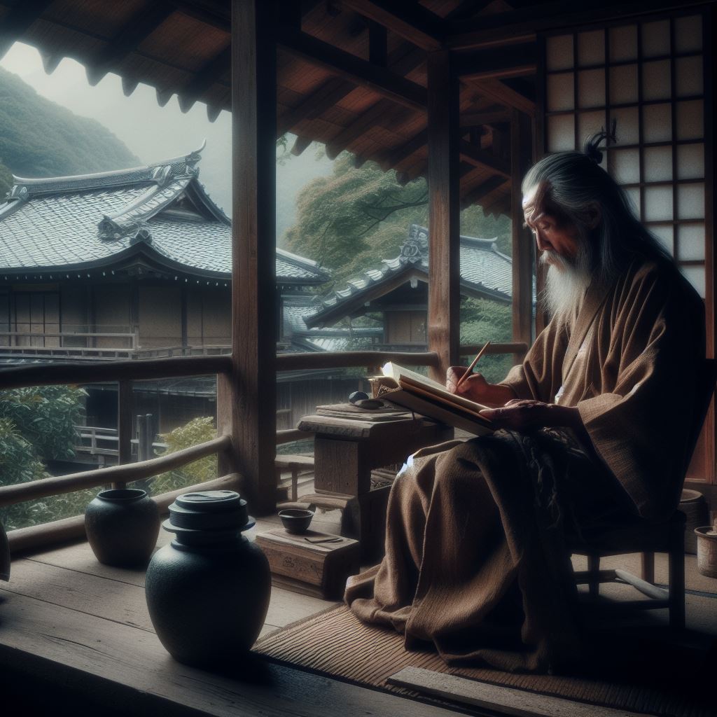 Old Sugiwara no Michizane on his exile, before becoming the god kami Tenjin. Essay about the life and legend of Sugiwara no Michizane, wh lived in the ancient Japan of Heian period, was falsely accused and sentenced. After death became the Tenjin god of education and made his revenge.